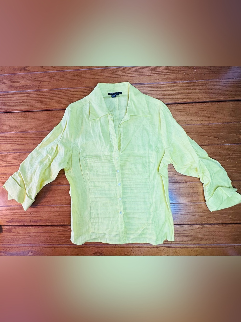 Tracy M Linen Pintuck Blouse — Chartreuse/Lime, Size XL